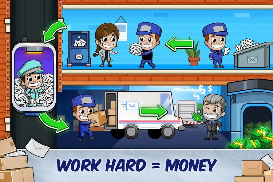 Idle Mail Tycoon (Айдл Мейл Тайкун) [МОД: Много монет, Открытые уровни и Мега MOD] Screenshot 1